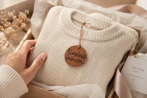 Cartellino rotondo marrone in similpelle di mela con "Timeless fashion" su maglione panna.
