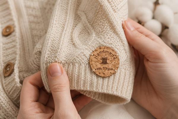 Etichetta rotonda in sughero "Handmade with love" cucita su un capo in maglia color panna.