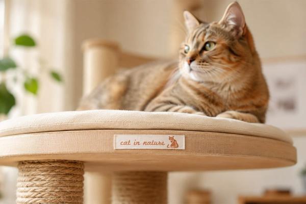 Etichetta in cotone naturale con scritta marrone su mobile per gatti