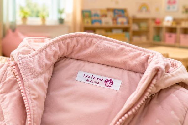 Etichetta nome bianca con scritta lilla in giacca per bambini