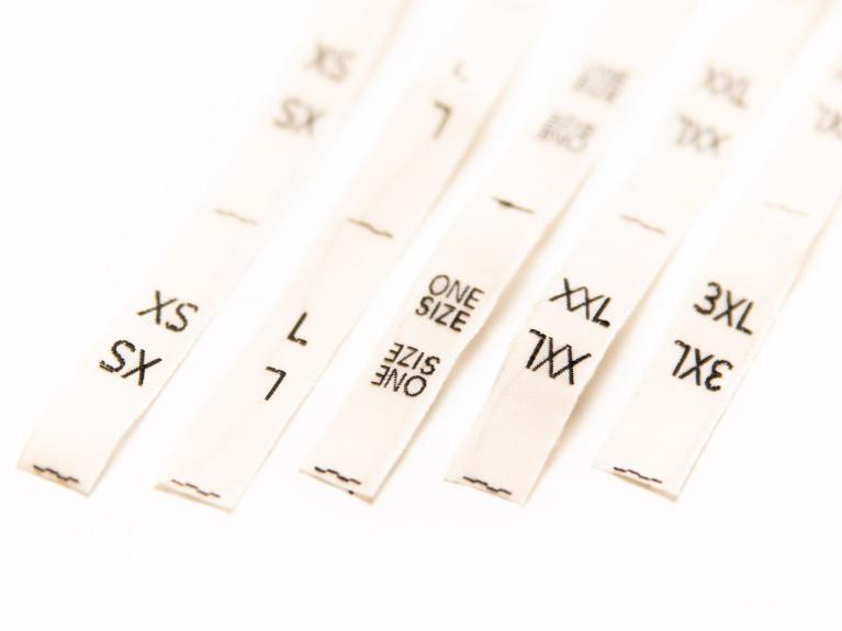 Etichette di taglia tessute in cotone – taglie ONE SIZE, XXS a 4XL (Cod. art. 961)